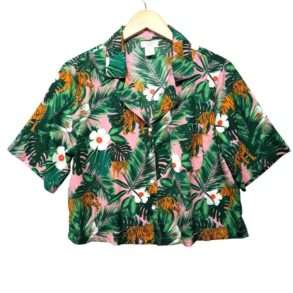 Cynthia Rowley Sleepwear Pink Tiger Jungle Tropical Pajama Top Womens‎ Medium